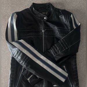 2005 Plongé motor leather jacket stylish with blue and white line on the sleeves